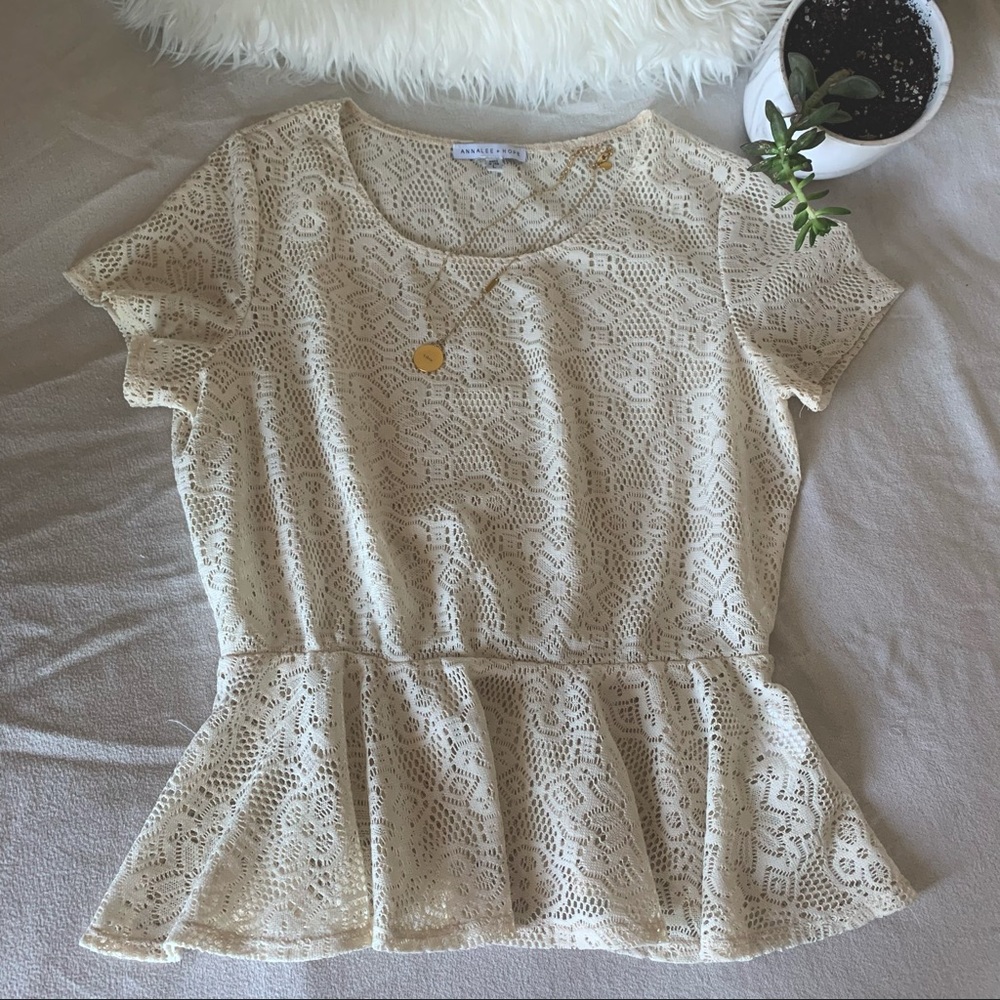 Annalee + Hope Cream Lace Crochet Peplum Top